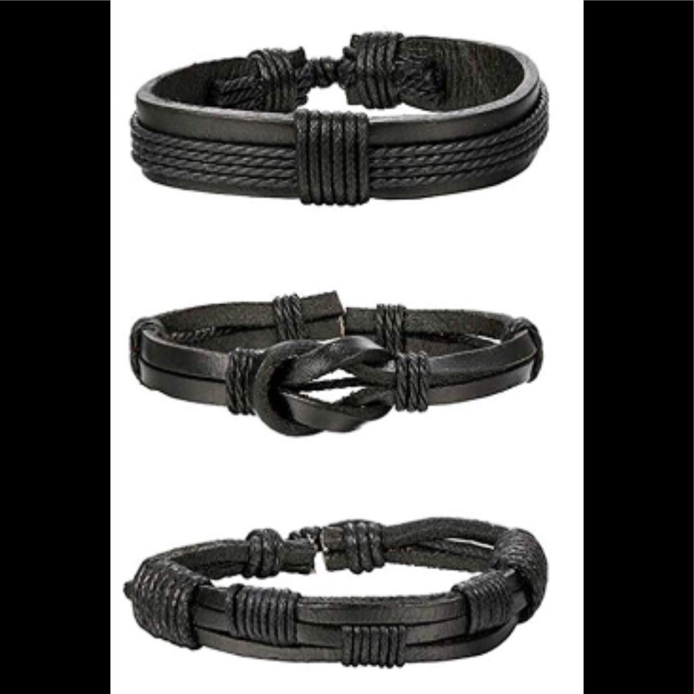 Men’s Black Leather Braided Bracelets ~ Set of 3